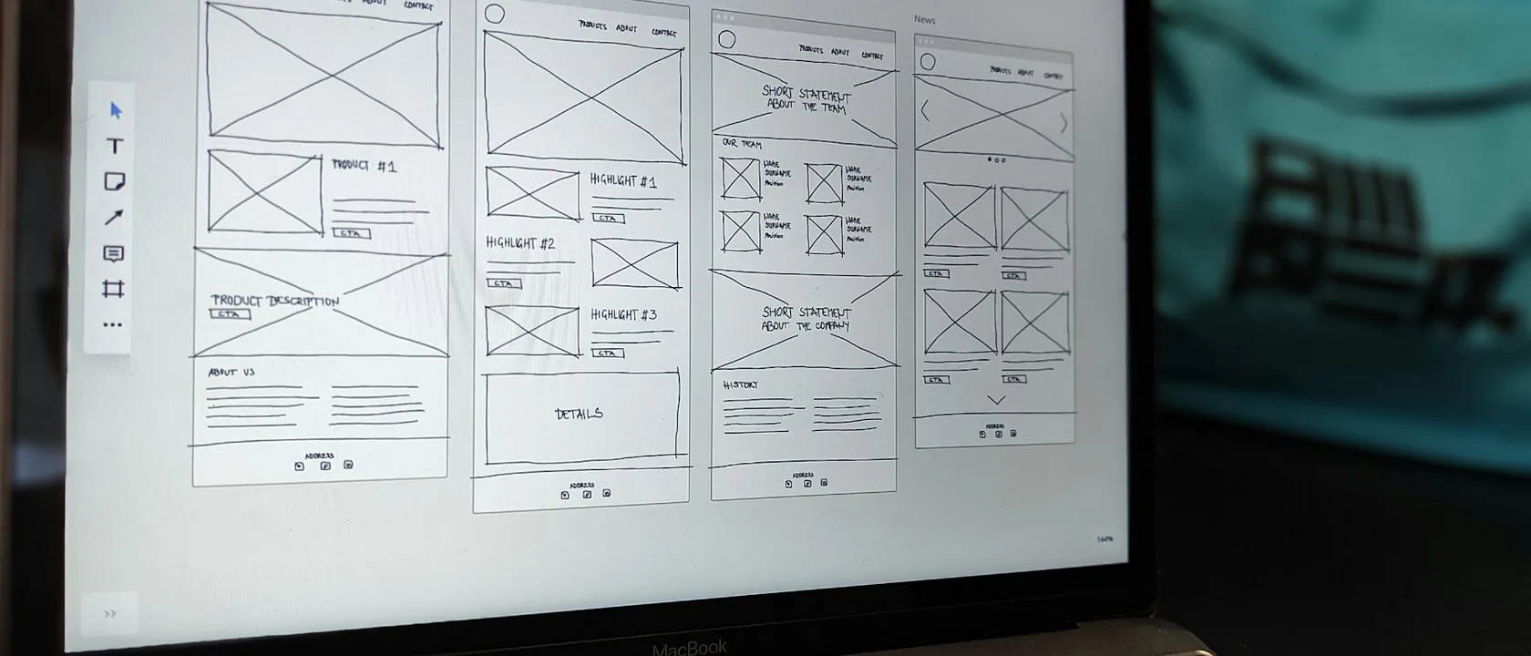 Blank canvas wireframes on a laptop for streamlined bespoke web design Plymouth projects - Web Design Plymouth | Bloxli Web Design Plymouth