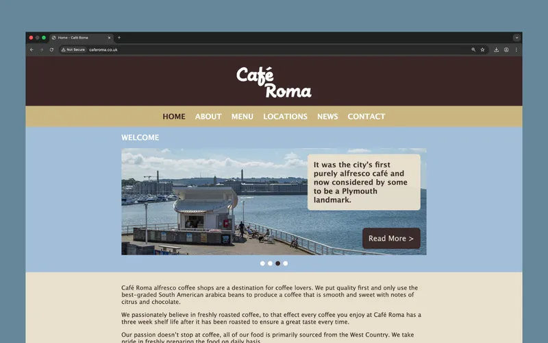 Café Roma website redesign project by Bloxli for a Plymouth café