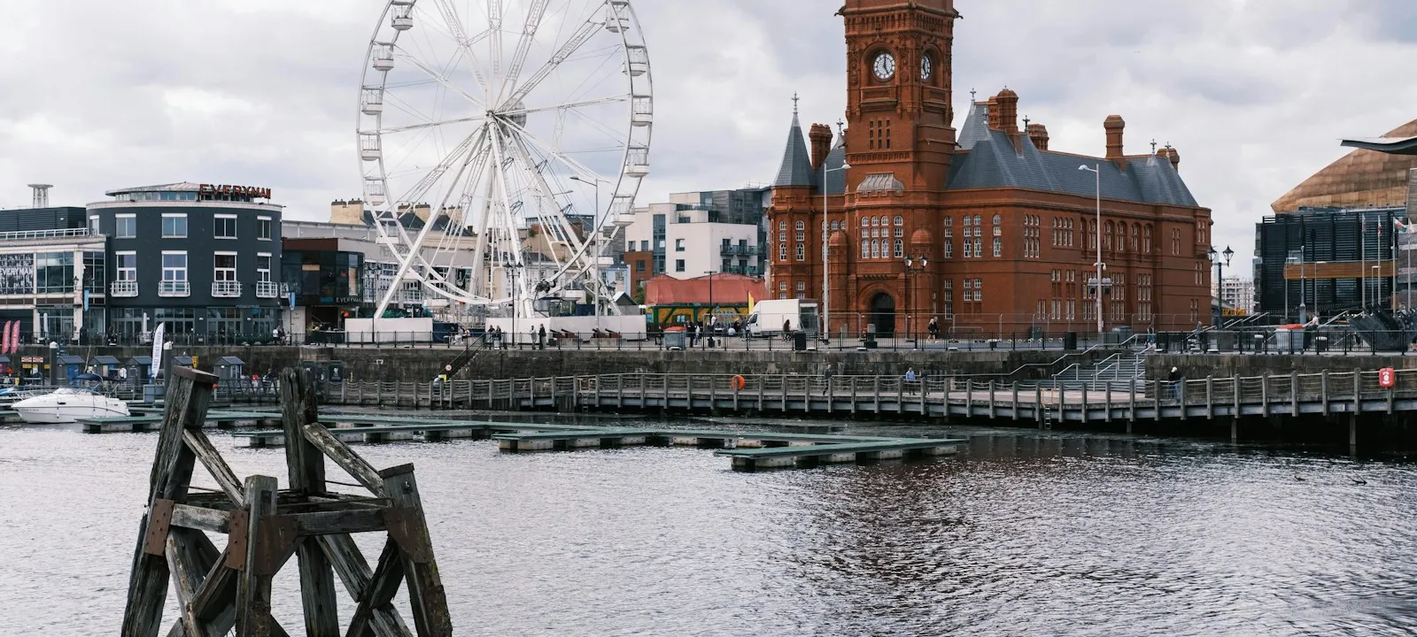 Wooden bollard in front of The Giant Wheel and Pierhead at Cardiff Bay, Wales - Web Design Belfast | Bloxli Web Design Belfast